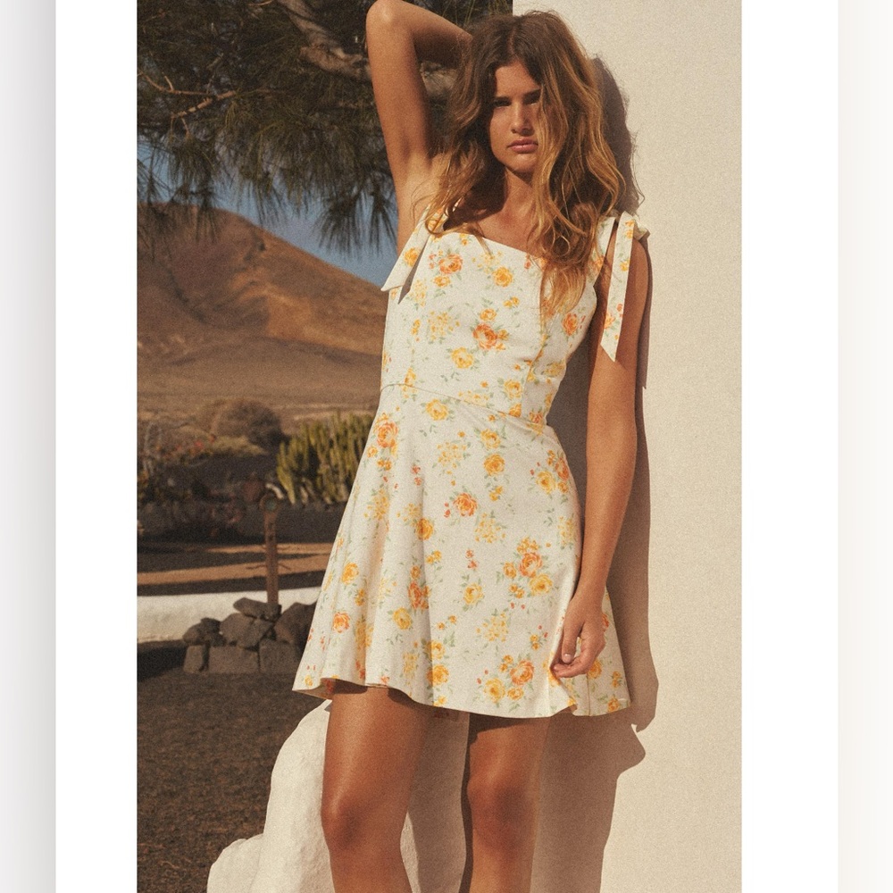 ZARA POPLIN YELLOW ORANGE FLORAL PRINT MINI DRESS w BOWS. M NWT